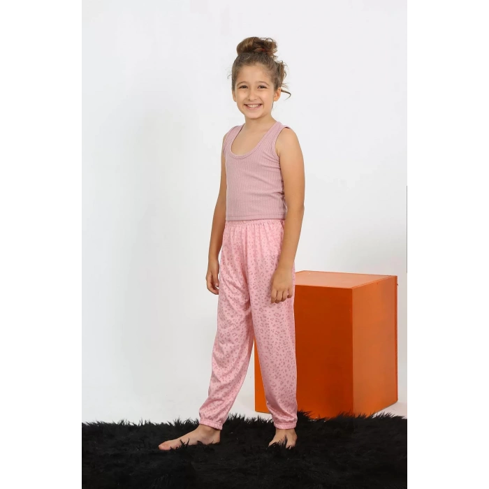 Moda Kız Çocuk Sıfır Kol Gül Kurusu Penye Pijama Takım