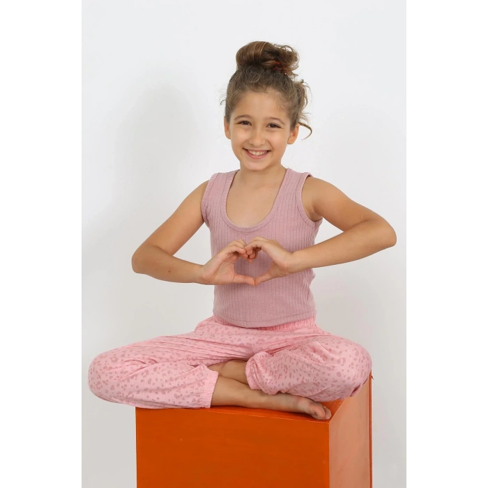 Moda Kız Çocuk Sıfır Kol Gül Kurusu Penye Pijama Takım