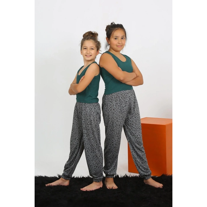 Moda Kız Çocuk Sıfır Kol Zümrüt Yeşili Penye Pijama Takım