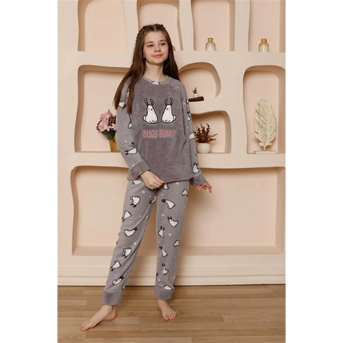 Moda Kız Çocuk WelSoft Polar Gri Pijama Takımı
