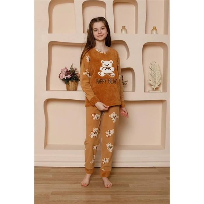 Moda Kız Çocuk WelSoft Polar Pijama Takımı Sütlü Kahve