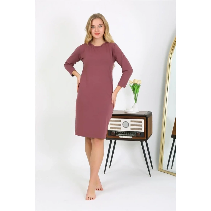 Moda Pamuk Ev Elbisesi Tunik Gecelik Mürdüm