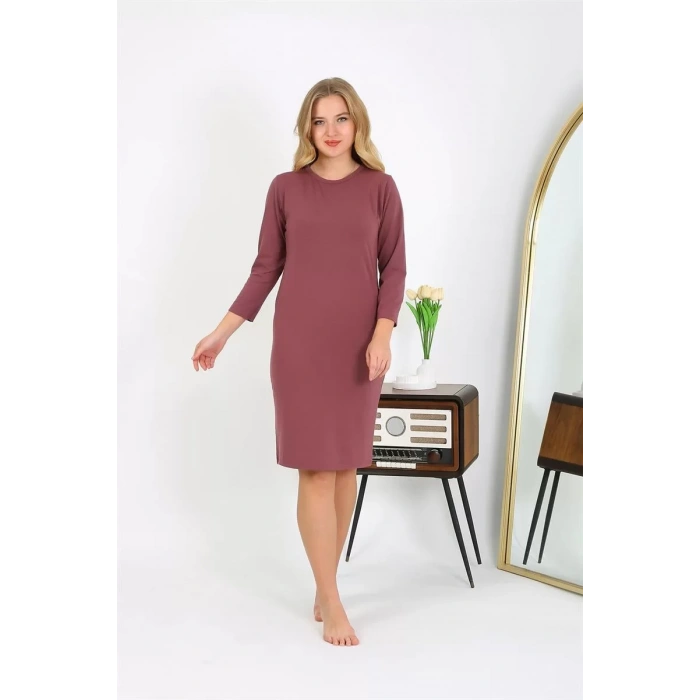 Moda Pamuk Ev Elbisesi Tunik Gecelik Mürdüm