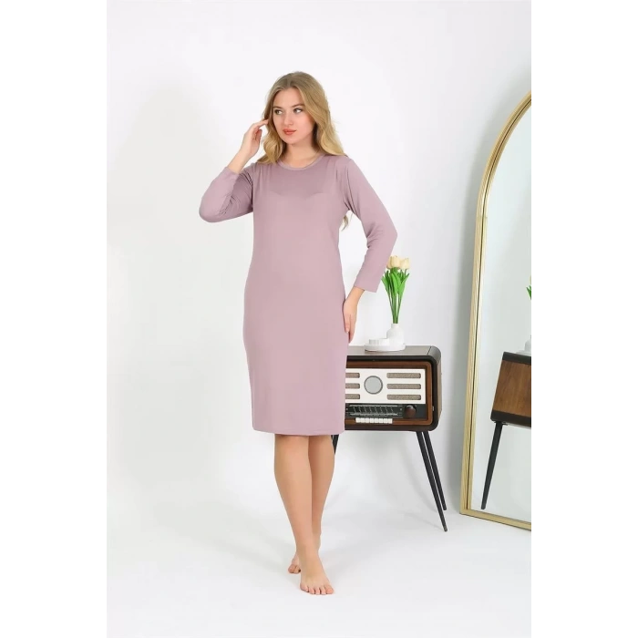 Moda Pamuk Ev Elbisesi Tunik Gecelik Pudra