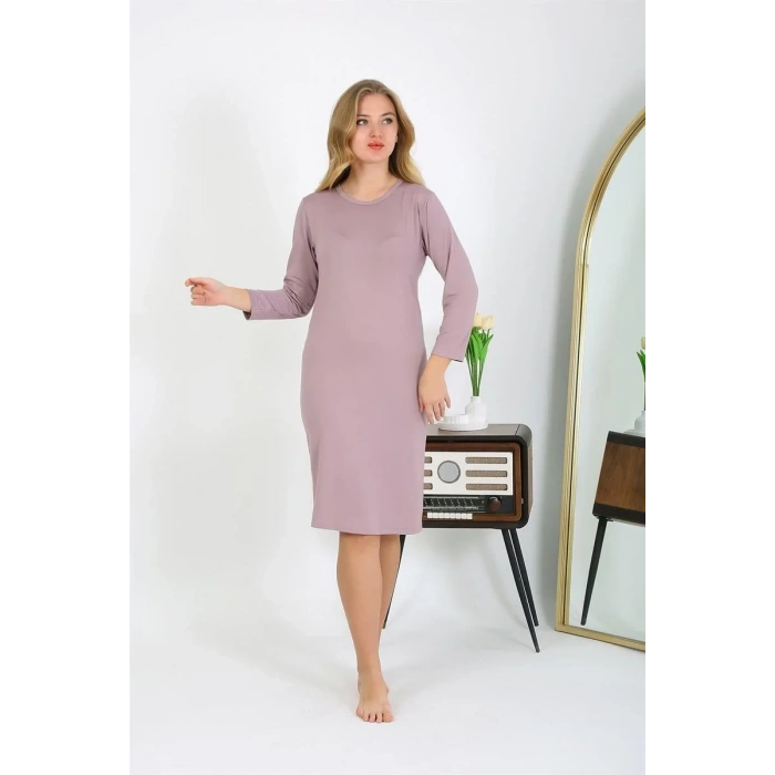 Moda Pamuk Ev Elbisesi Tunik Gecelik Pudra
