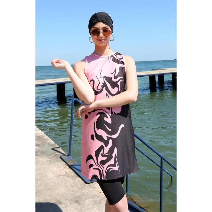 Moda Sıfır Kol Desenli Yarım Tesettür Mayo Mor