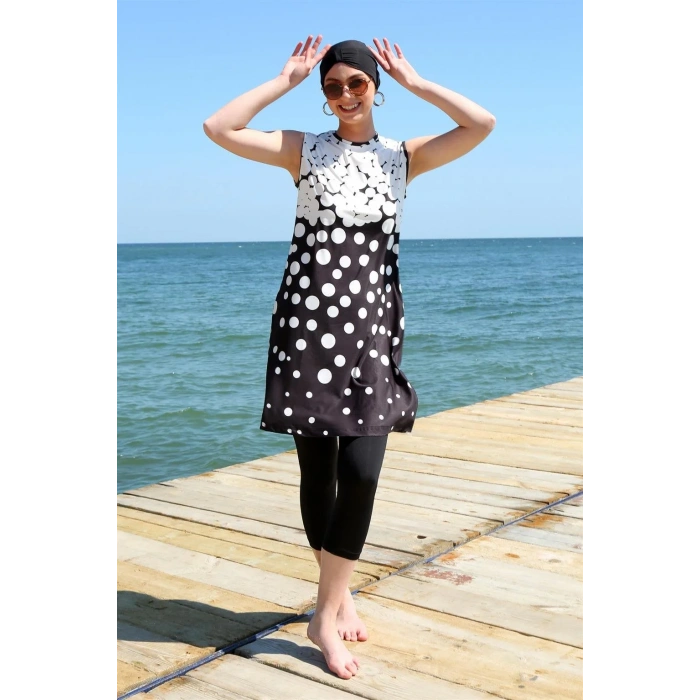 Moda Sıfır Kol Puanlı Yarım Tesettür Mayo Siyah Peyaz Puantiye