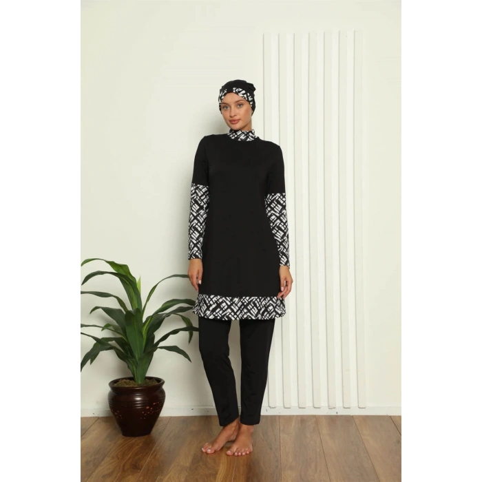 Moda Tam Tesettür Dijital Desenli Mayo Siyah
