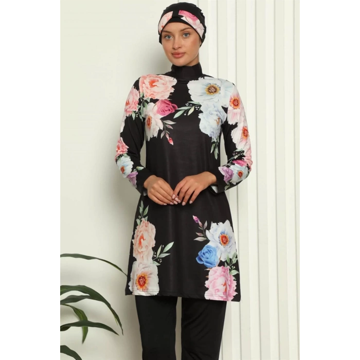 Moda Tam Tesettür Dijital Desenli Mayo Siyah