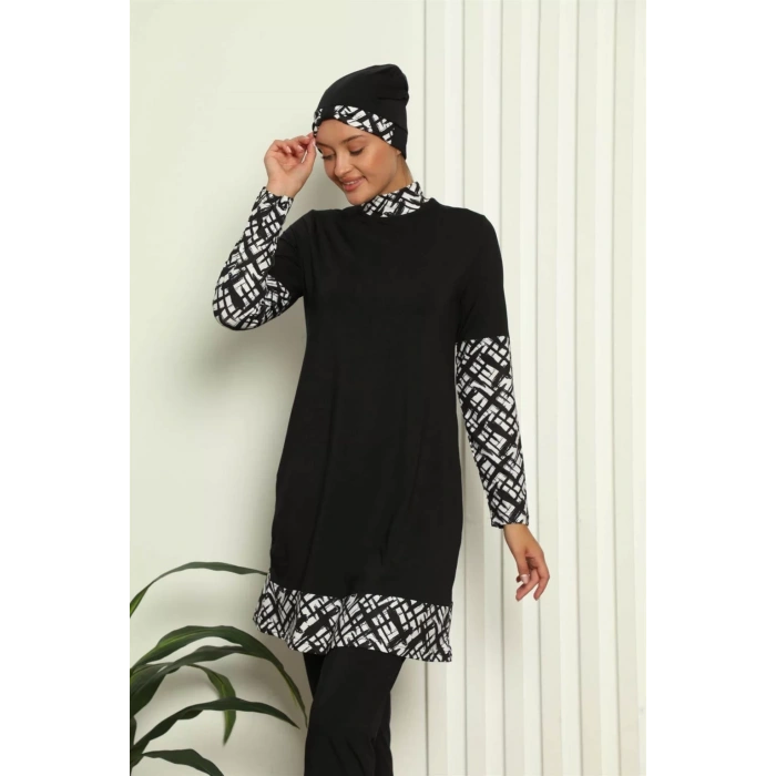 Moda Tam Tesettür Dijital Desenli Mayo Siyah
