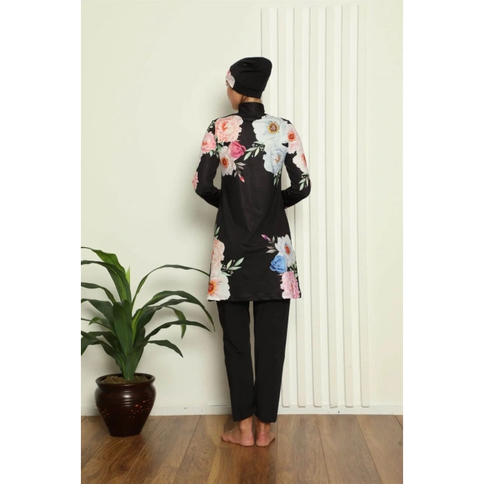 Moda Tam Tesettür Dijital Desenli Mayo Siyah