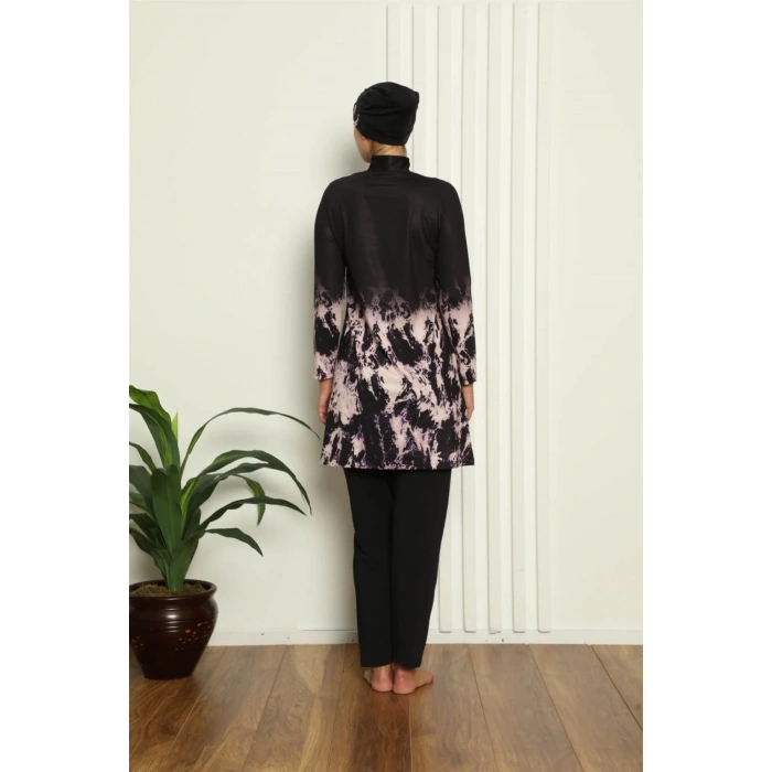 Moda Tam Tesettür Dijital Desenli Mayo Siyah