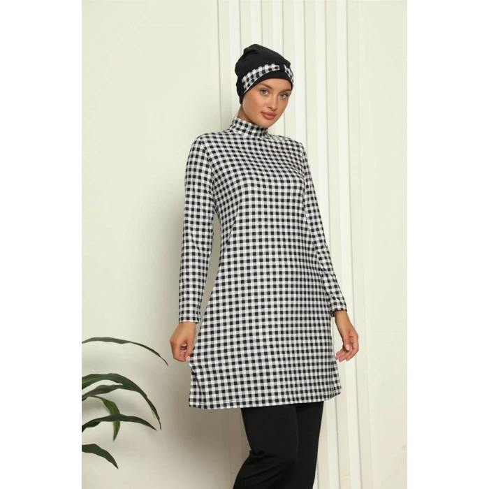 Moda Tam Tesettür Dijital Desenli Mayo Siyah - Beyaz