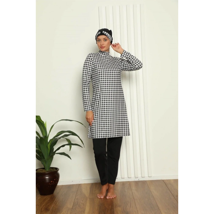 Moda Tam Tesettür Dijital Desenli Mayo Siyah - Beyaz