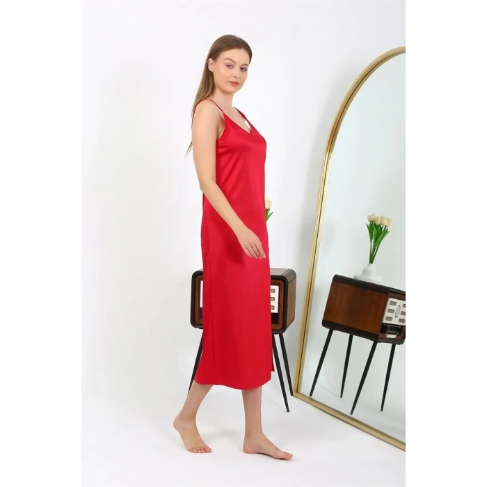 Moda Yırtmaçlı Uzun Saten Gecelik Kırmızı
