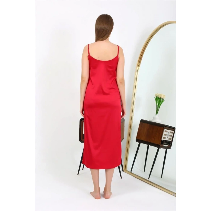 Moda Yırtmaçlı Uzun Saten Gecelik Kırmızı