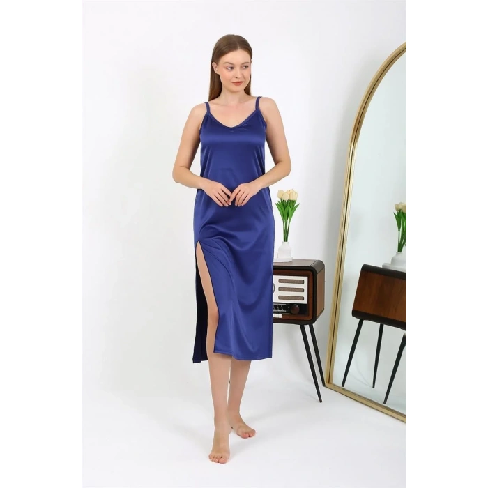 Moda Yırtmaçlı Uzun Saten Gecelik Lacivert