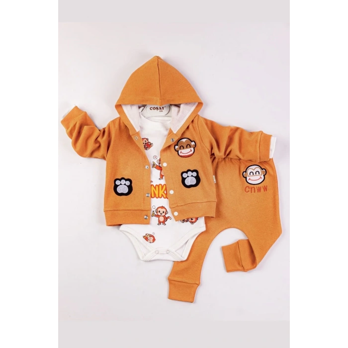 Monkey Nakışlı Kapişonlu Erkek Bebek Takım