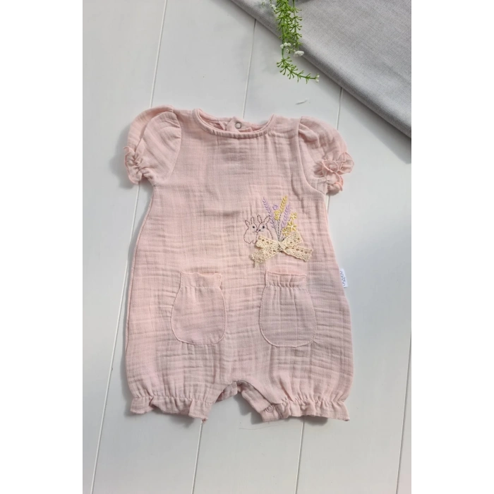 Müslin Kumaş Çiçek Nakışlı Pamuklu Kız Bebek Tulum