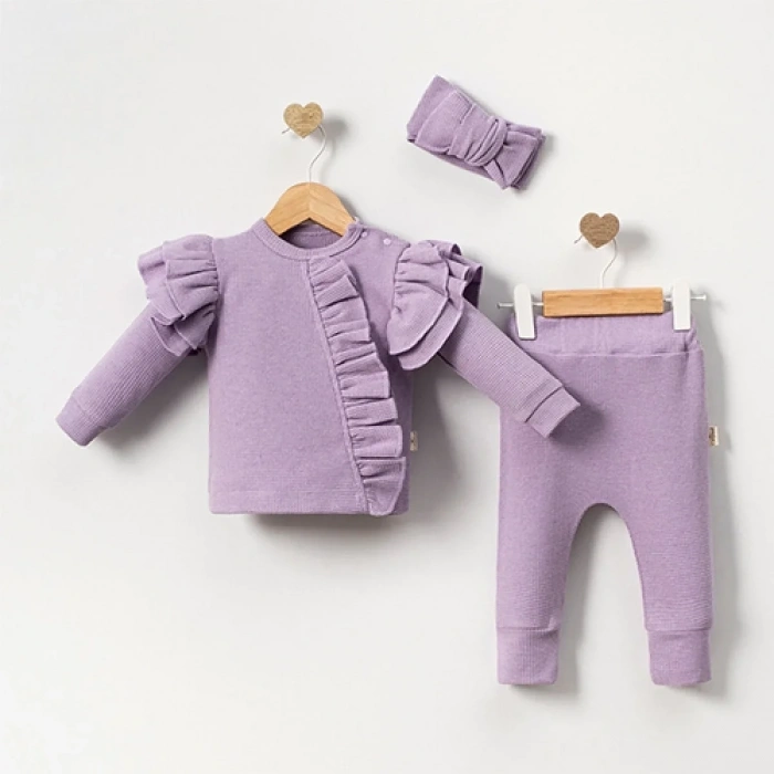 Orkide Büzgü Detaylı 3 Parça Kız Bebek Takımı %100 Pamuk