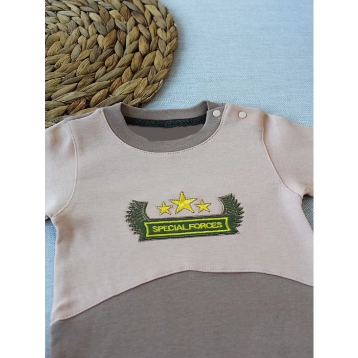 Özel Kuvvetler Nakışlı Bere Şapkalı Kız Erkek Bebek Tulumu Sütlü Kahve