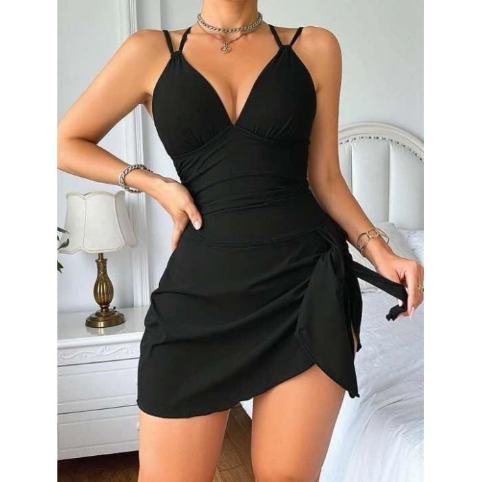 Özel Şık Tasarım Siyah Göğüs Dekolteli Yandan Bağlamalı Mini Club Elbisesi