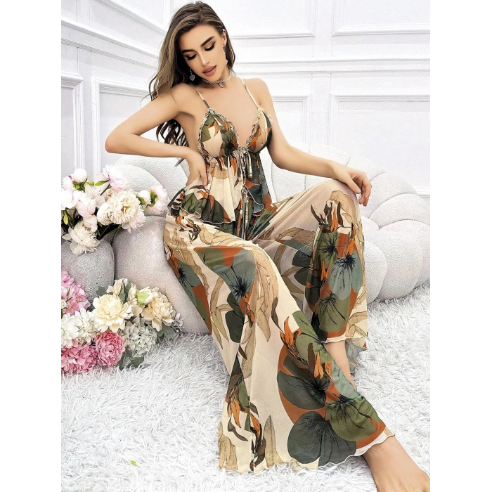 Özel Tasarım Çiçek Desenli Salaş Şık Dekolteli 2li Takım