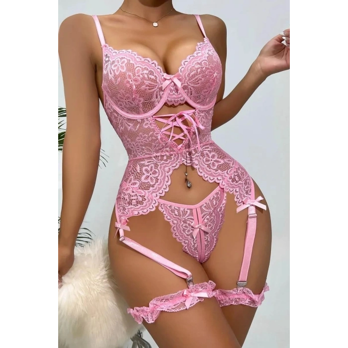 Özel Tasarım Dantelli Fantezi Pembe Jartiyer Takımı