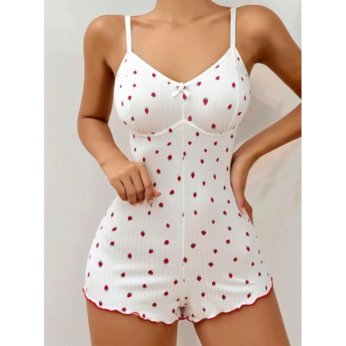 Pamuklu Beyaz Çilek Desenli Tulum Pijama