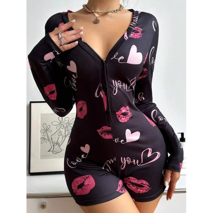 Pamuklu Kırmızı Kalp Desenli Düğmeli Uzun Kol Tulum Pijama