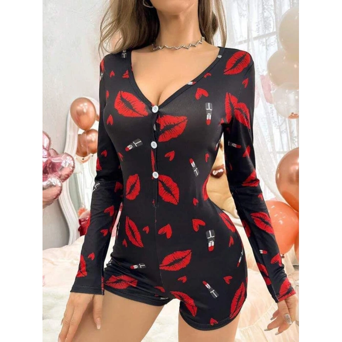 Pamuklu Kırmızı Ruj Desenli Düğmeli Uzun Kol Tulum Pijama