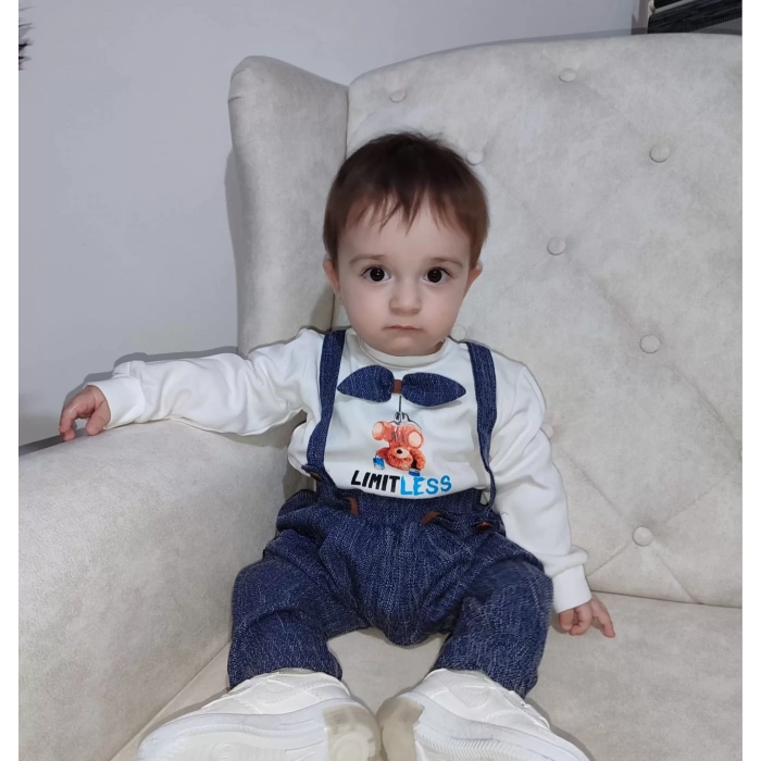 Papyonlu Sweat Kot Pantolon 2li Erkek Bebek Salopet Takımı Lacivert