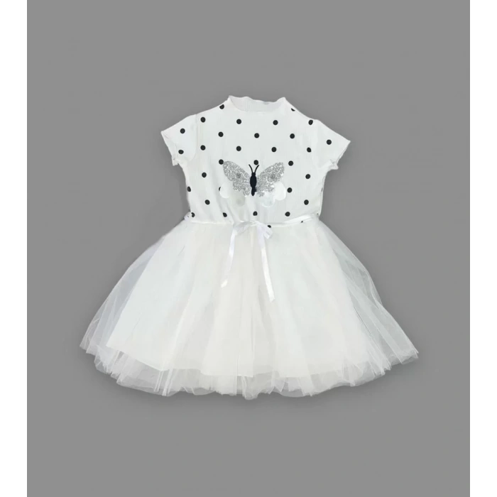 Payetli Kelebek Desenli Puantiyeli Kız Çocuk Elbisesi