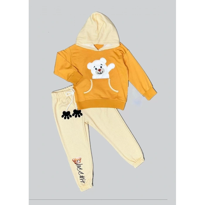 Pelüş Ayı Desenli Kapşonlu Uzun Kollu Penye Sweat 2li Erkek Çocuk Takımı Turuncu