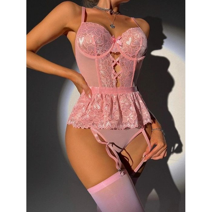 Pembe Dantel İşlemeli Kalp Desenli Fantezi Jartiyer Takımı