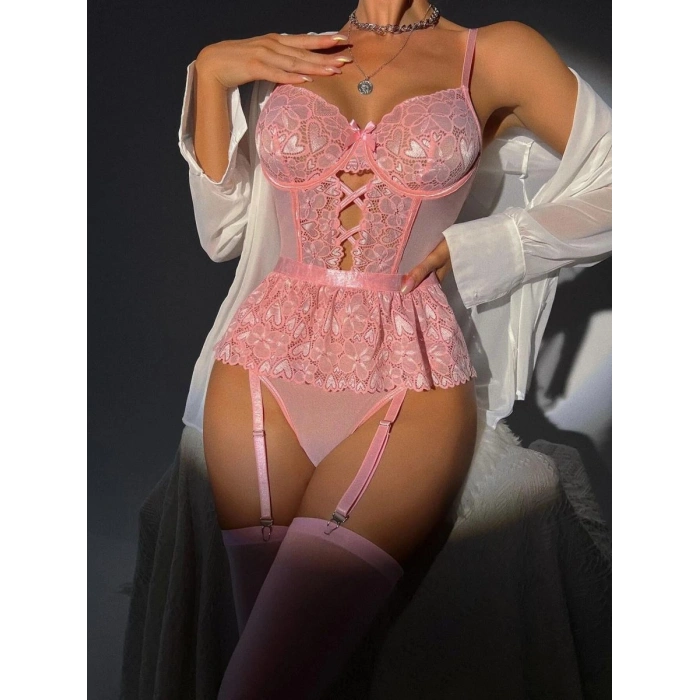 Pembe Dantel İşlemeli Kalp Desenli Fantezi Jartiyer Takımı