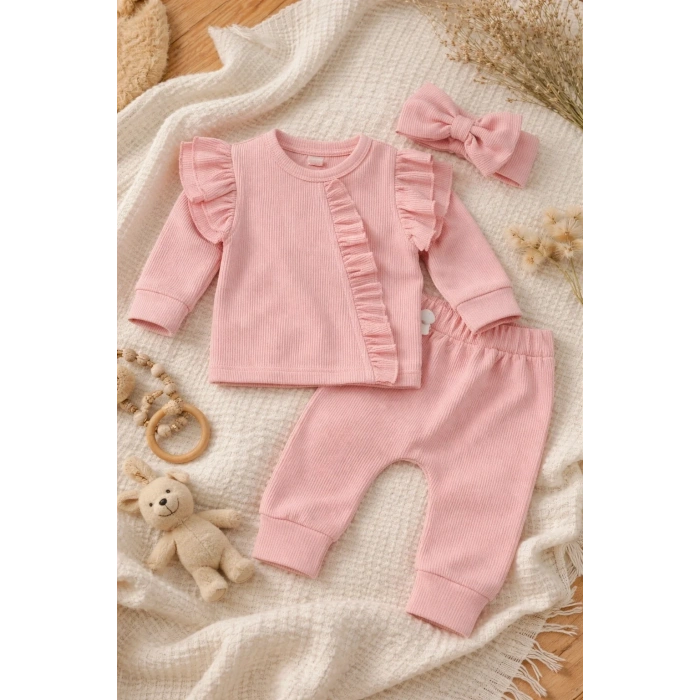 Pembe Fırfırlı 3’lü Kız Bebek Takımı