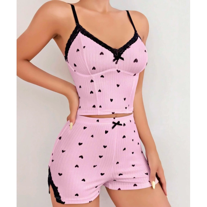 Pembe Kalp Desenli Askılı Şortlu Pijama Takım
