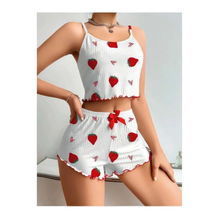 Penye Kumaş Çilek Desen Beyaz Şortlu Takım