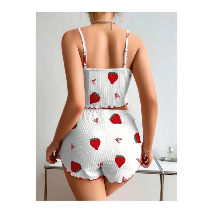 Penye Kumaş Çilek Desen Beyaz Şortlu Takım