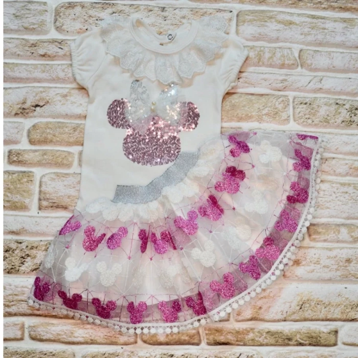 Petli Mickey Nakışlıkısa Kollu Brode Etekli 2li Kız Bebek Takımı Fuşya