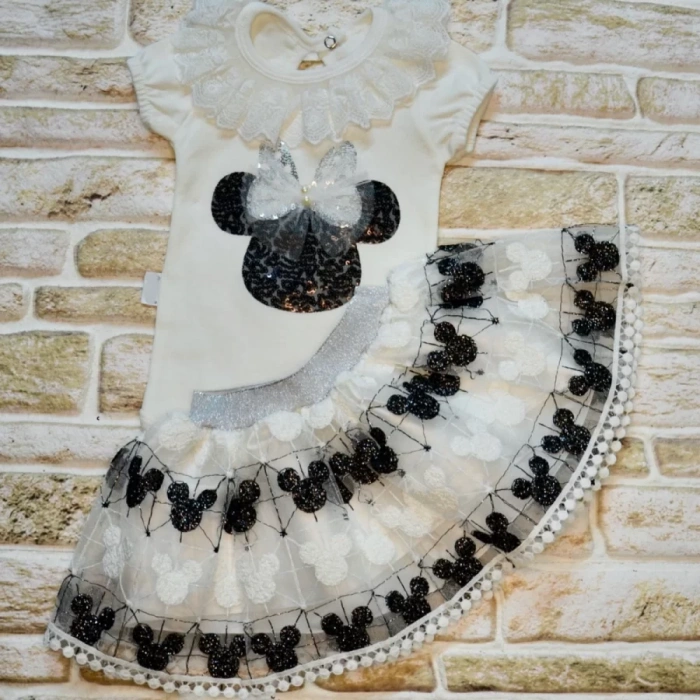 Petli Mickey Nakışlıkısa Kollu Brode Etekli 2li Kız Bebek Takımı Siyah