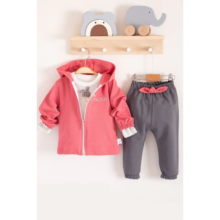 Prences Nakışlı Kapişonlu 3lü % 100 Pamuk Kız Bebek Takımı