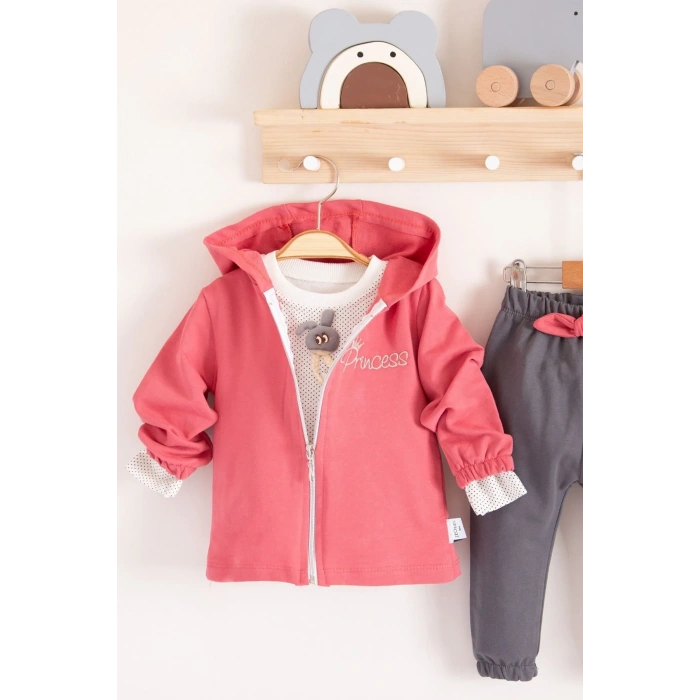 Prences Nakışlı Kapişonlu 3lü % 100 Pamuk Kız Bebek Takımı