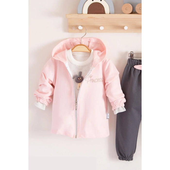 Prences Nakışlı Kapişonlu 3lü % 100 Pamuk Kız Bebek Takımı