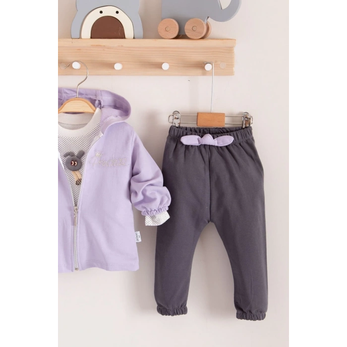 Prences Nakışlı Kapişonlu 3lü % 100 Pamuk Kız Bebek Takımı