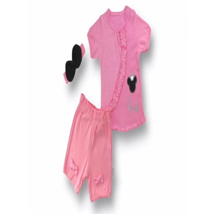 Princess Taçlı Mickey Nakışlı Şort Tişört 3lü Kız Bebek Takımı Pembe