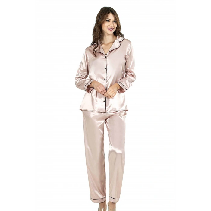Pudra İkili Saten Gecelik Pijama Takımı 7647