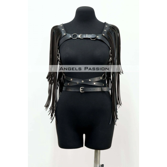 Püskül Detaylı Deri Göğüs Harness, Deri Harness Püsküllü Ceket - Brf999