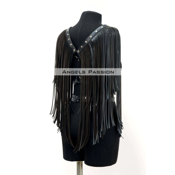 Püskül Detaylı Deri Göğüs Harness, Deri Harness Püsküllü Ceket - Brf999
